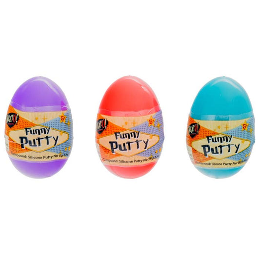 Three individual Toysmith Neato! Funny Putty eggs in purple, red, and cyan with branded labels