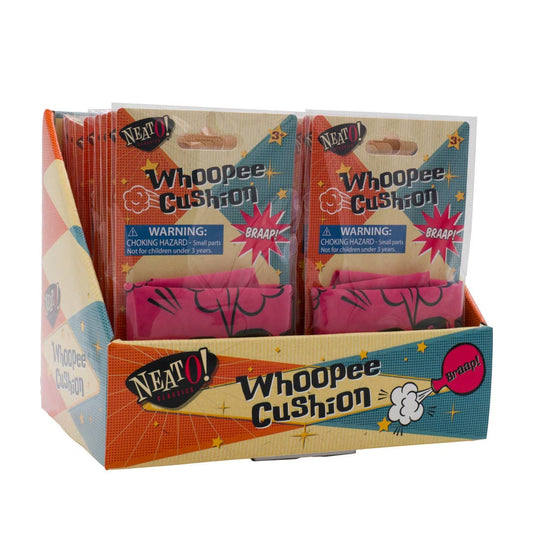 Toysmith Neato! Whoopee Cushion display box with multiple pink cushions in packaging