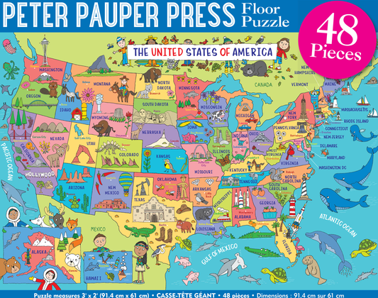 Peter Pauper Press USA Map Kids' Floor Puzzle displaying colorful illustrated map of United States with 48 pieces