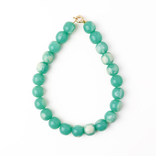INK + ALLOY Iris Large Resin Bead Necklace in aqua with white marbled beads and gold-tone clasp