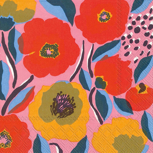 Boston International Marimekko Rosarium paper cocktail napkins pack with red and yellow poppies on pink background with blue leaves
