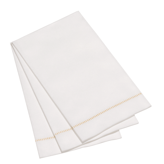 The Napkins Hemstitch Taupe guest towels in cream with taupe hemstitched borders, fanned stack