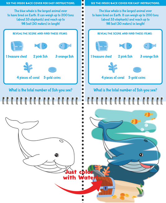 Peter Pauper Press Color With Water Under the Sea book spread showing whale outline on left, colored whale illustration on right with fish and coral