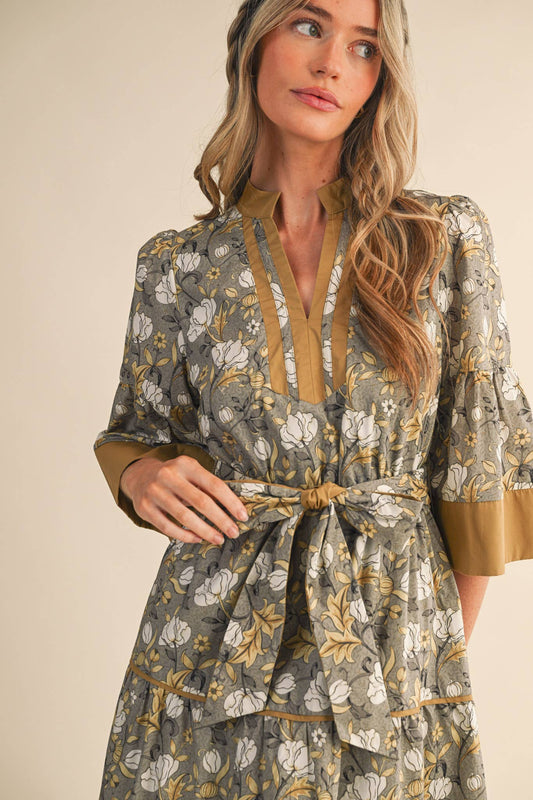 &MERCI - FLORAL PRINT CONTRAST BINDING BELTED MIDI DRESS