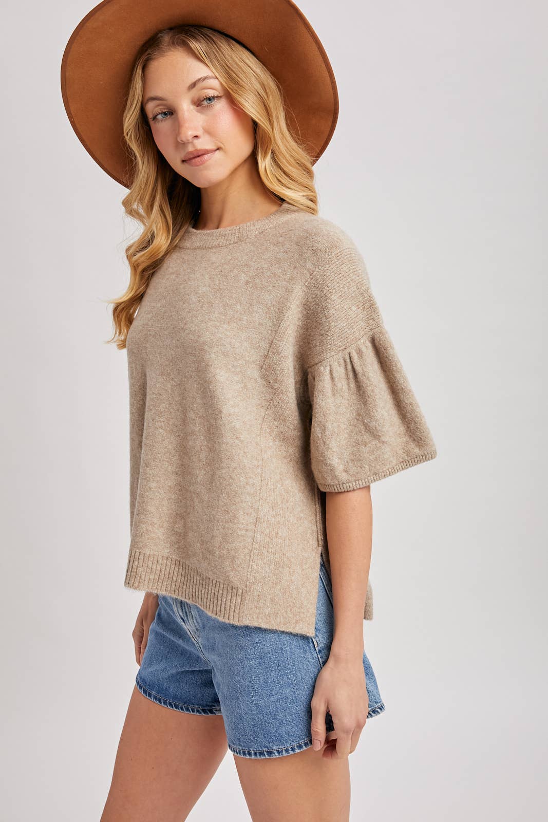 Bluivy - GATHERED SHORT SLEEVE BOXY KNIT SWEATER TOP