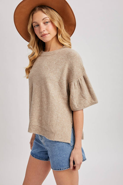 Bluivy - GATHERED SHORT SLEEVE BOXY KNIT SWEATER TOP