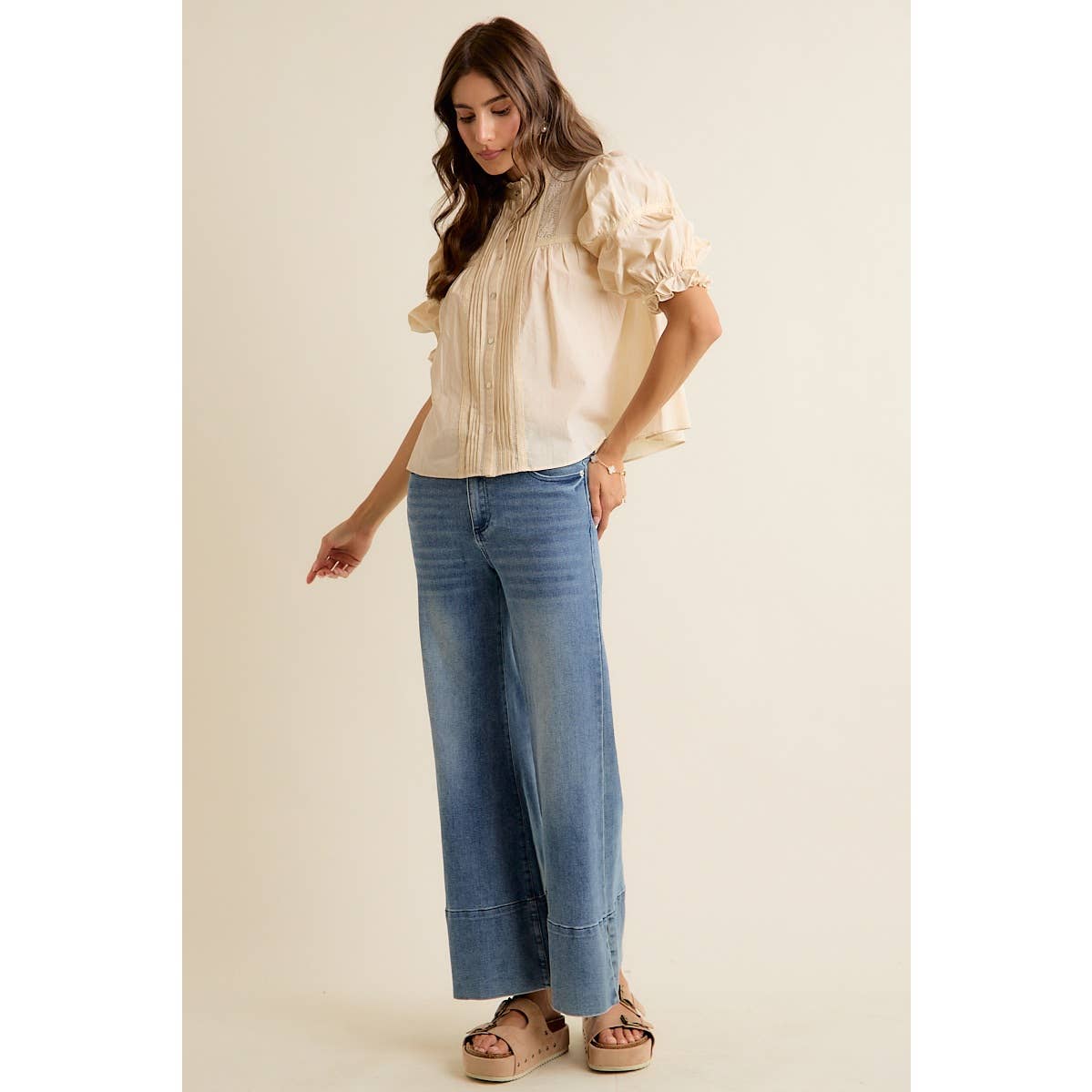 So Me - LACE PINTUCK BUTTON SHORT SLEEVES COTTON BLOUSE TOP