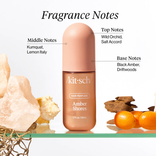 KITSCH Amber Shores hair perfume bottle surrounded by fragrance ingredient visuals including seashells, citrus, and driftwood with labeled scent notes