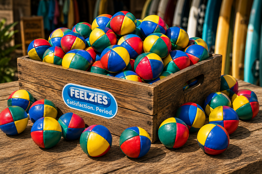 Feelzies Soft Touch Footbags in wooden crate, multicolor red yellow blue green paneled balls