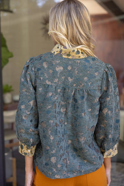 VOY - 37265 Quarter Button Color Contrast Floral  Jacqaurd Top