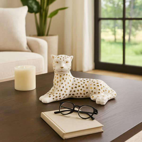 Sagebrook Home - Figurine White/Gold Ceramic Leopard Lying Down, 10 in.