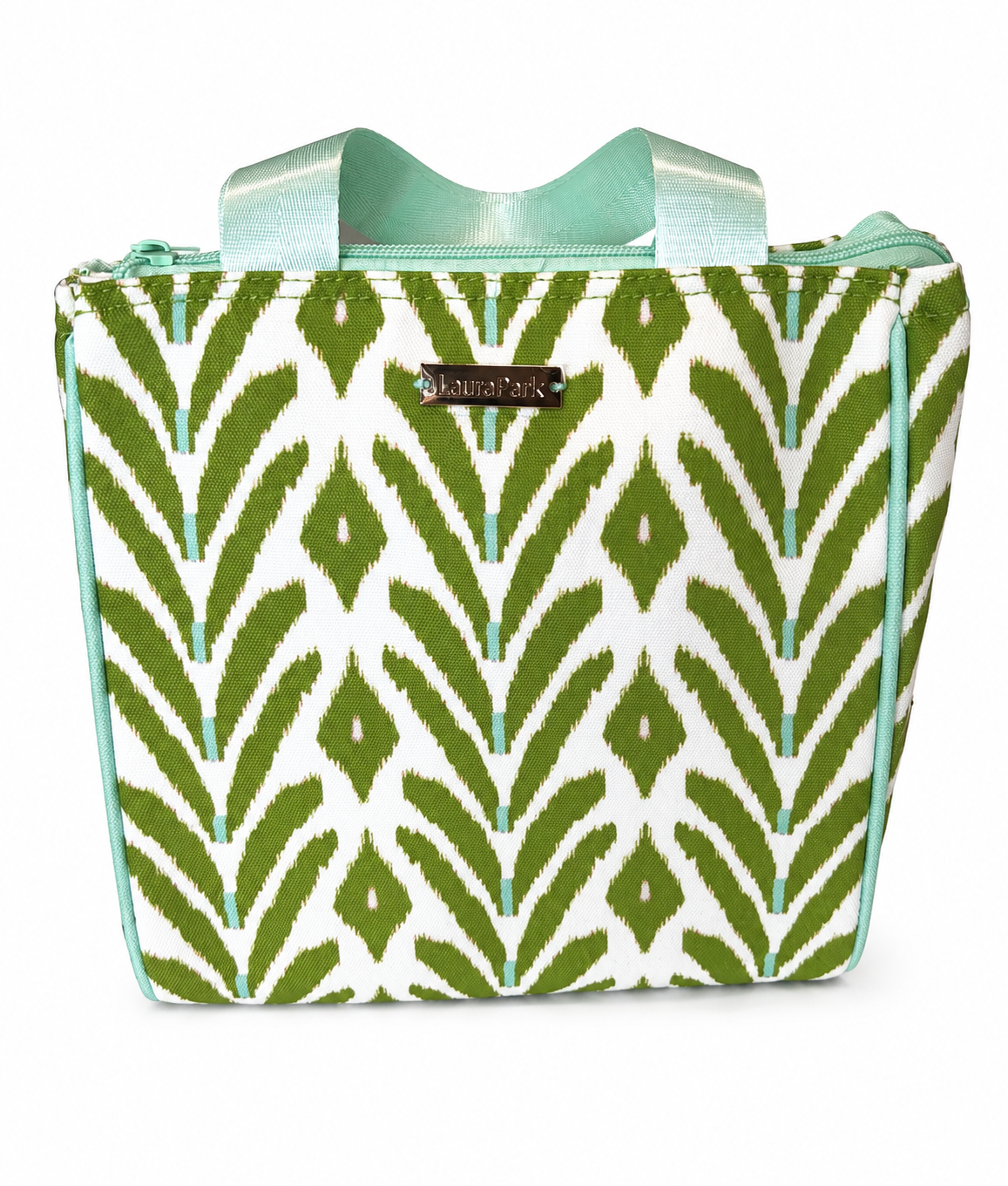 Laura Park Petite Frond Green Lunch Bag: This stylish lunch bag from Laura Park Designs features a green and white zigzag leaf pattern, light blue zipper, handles, and trim, along with a metallic brand label on the front.