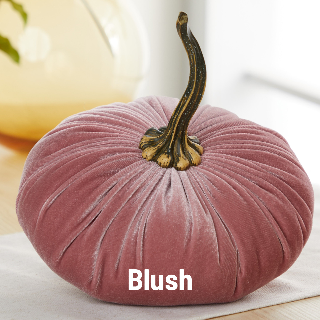An extra large, plush pink velvet pumpkin from Your Heart’s Content features a lifelike green stem, making it an elegant addition to your holiday mantel décor. The word “Blush” appears in white at the bottom center of the image.