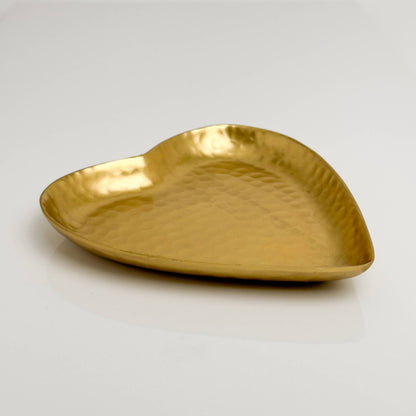 India Handicrafts Inc hammered aluminum heart-shaped decorative tray in gold, side angle view