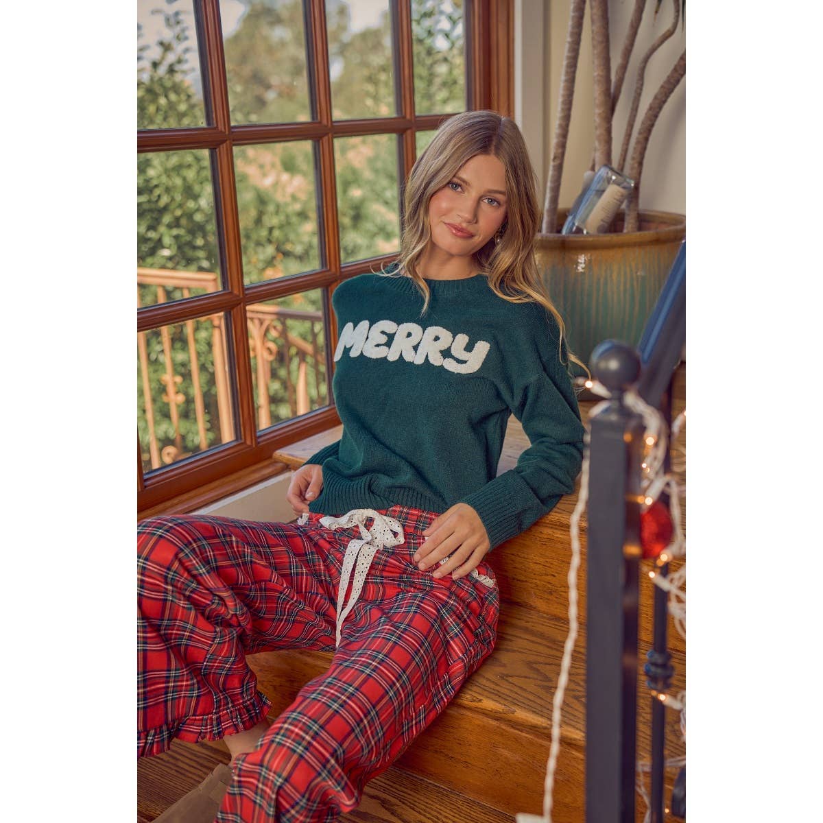 So Me - RUFFLED BOTTOM DETAIL CHRISTMAS PLAID CHECK LACE TRIM PANTS