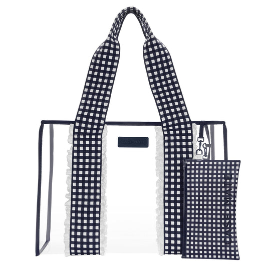Case-Mate Navy Gingham Jelly Tote Bag with navy gingham straps, white clear jelly panels, and navy trim, front view