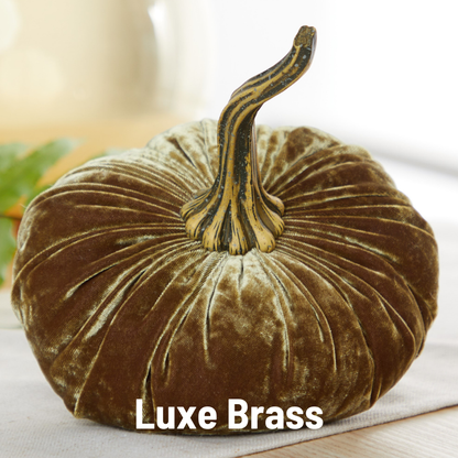 A large velvet pumpkin by Your Heart’s Content, featuring a brass-colored stem, rests on a table as an inviting Thanksgiving centerpiece. The text “Your Heart’s Content - Pumpkin Large Velvet” appears at the bottom of the image.