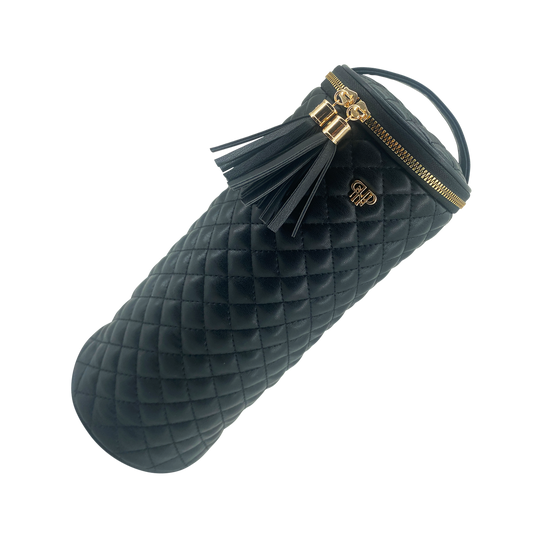 PurseN Hot Tools Holder Timeless Quilted in black with gold accents and tassel