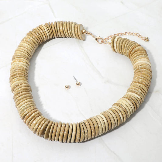 Sensibling Corp. chunky wooden disc beaded statement necklace with gold hardware and matching earrings, flat lay