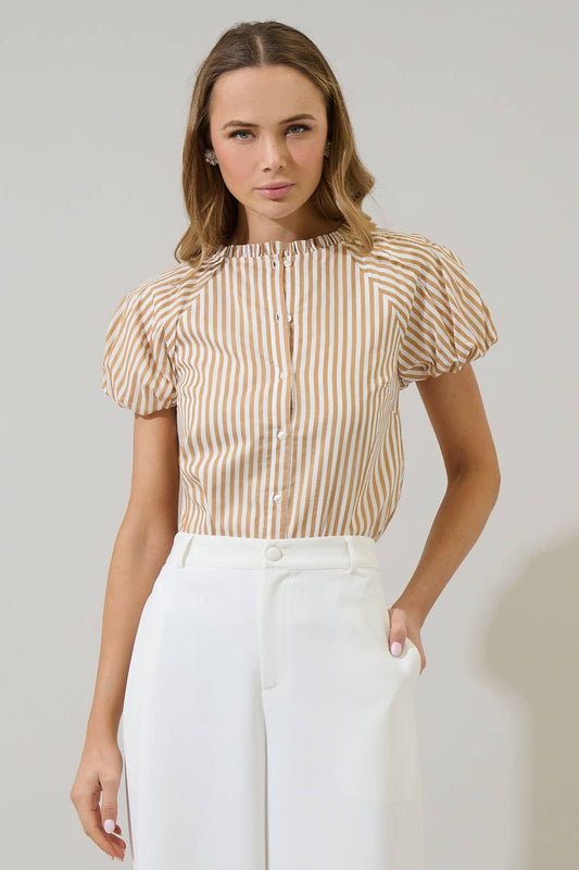 Sugarlips Dream State Avy button-down top, tan and white vertical stripes with puffed sleeves