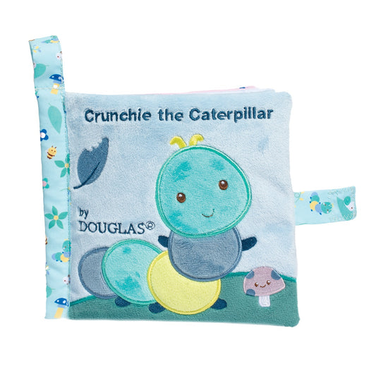 Douglas Crunchie the Caterpillar soft activity book in turquoise and blue with embroidered caterpillar design