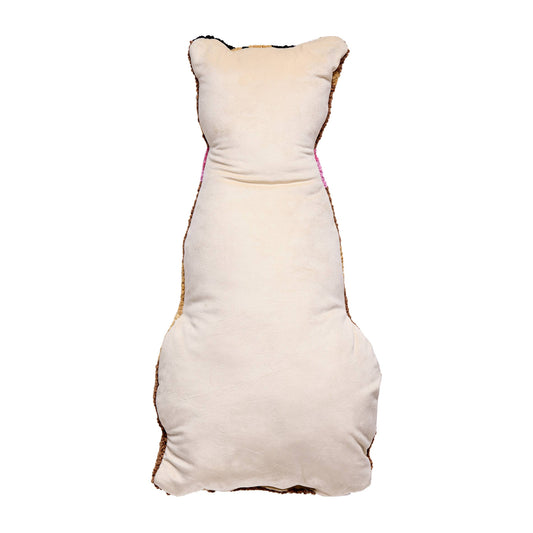 Shaped Leopard Hook Pillow back showing cream linen and pink trim