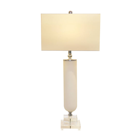 Pasargad Home frosted glass pedestal table lamp with cream cylindrical base, chrome accents, and rectangular cream shade