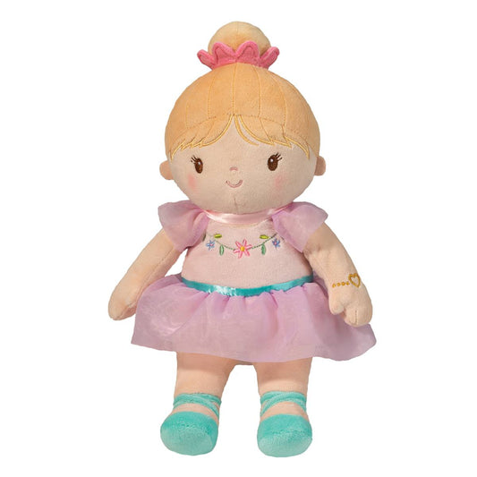 Douglas Petal Ballerina Doll with blonde hair, pink flower crown, embroidered pink top, lavender tulle skirt, and turquoise socks