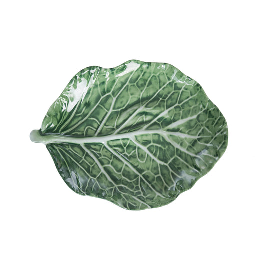 C&F Home Cabbage Leaf Green Serving Platter with sculpted leaf shape and raised center vein