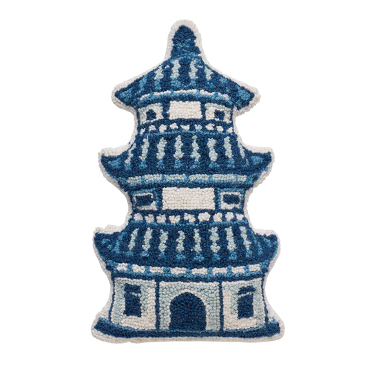 Peking Handicraft Shaped Pagoda Hook Pillow in navy blue and cream with hooked detail