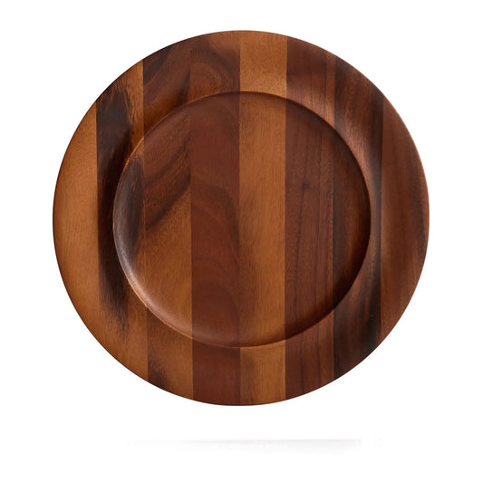 Nambe Skye wooden charger with striped walnut finish and concentric circular design