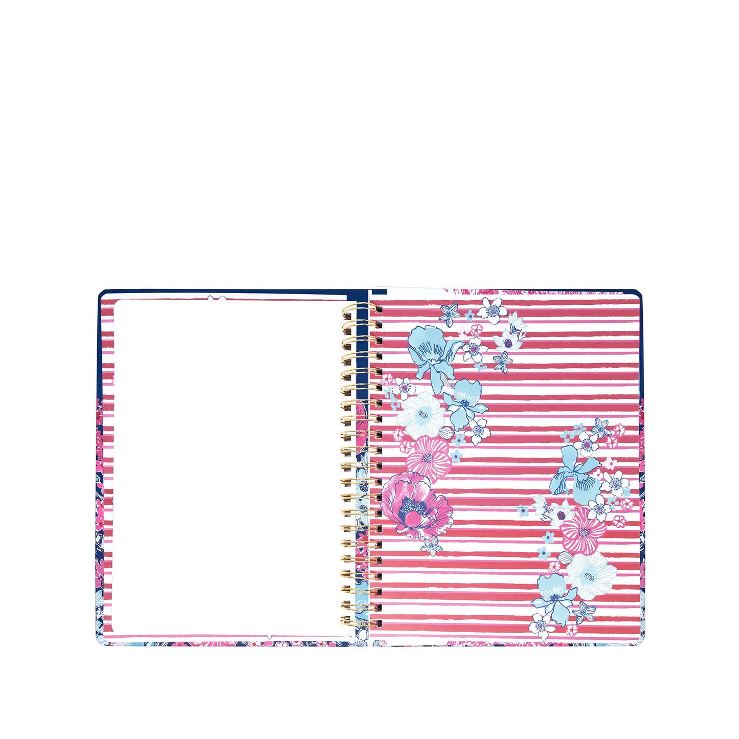 An open hardcover spiral-bound planner featuring red and white stripes and floral designs on the right page, with a blank left page—reminiscent of the Lilly Pulitzer by Lifeguard Press Jumbo 17 Month Agenda, In All Her Glory.