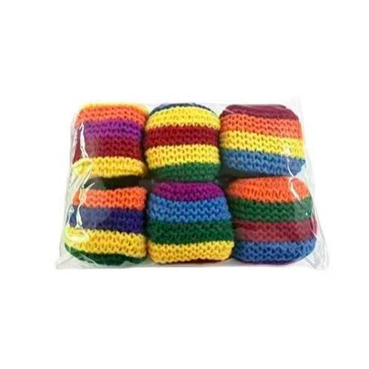 Set of nine Sensibling Corp. crochet hacky sack balls in rainbow stripes, packaged in clear plastic