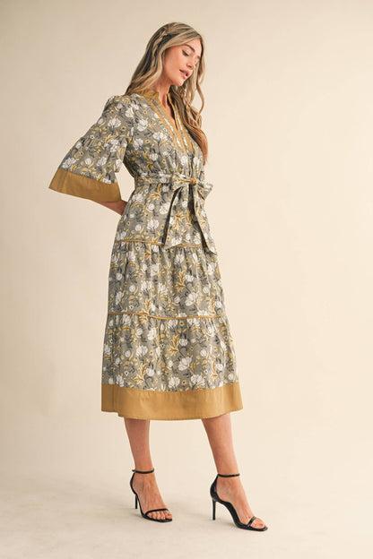 &MERCI - FLORAL PRINT CONTRAST BINDING BELTED MIDI DRESS