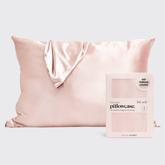 KITSCH Satin Pillowcase Standard in blush pink with packaging showing 600 thread count label