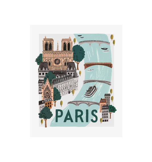 Rifle Paper Co. Paris World Traveler art print unframed displaying Notre-Dame cathedral and Seine River scene