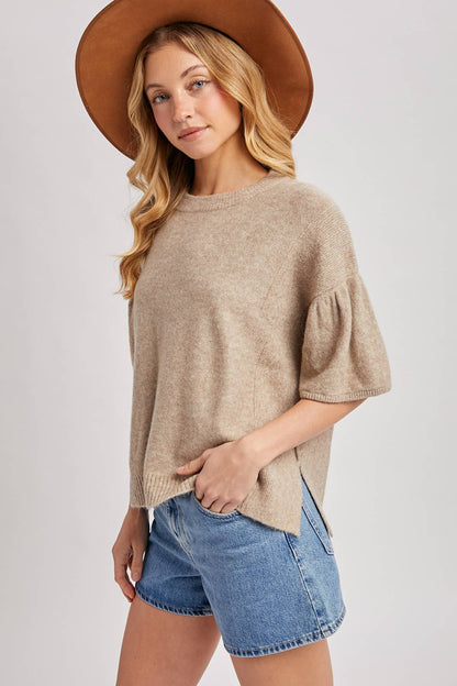 Bluivy - GATHERED SHORT SLEEVE BOXY KNIT SWEATER TOP