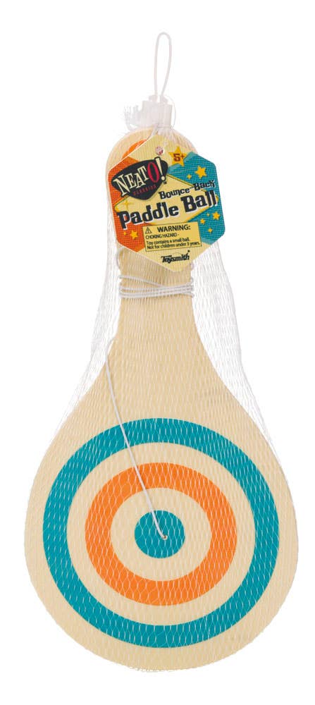 Toysmith Neato Bounce Back Paddle Ball with wooden handle and concentric teal, orange, and cream circles, packaged in mesh bag