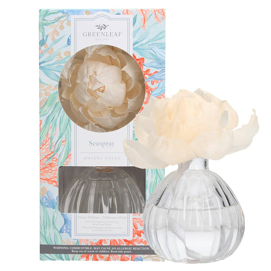 Greenleaf Gifts Seaspray Flower Diffuser 4 Pack with cream peony flower and clear ribbed glass bottle, coral and teal botanical packaging