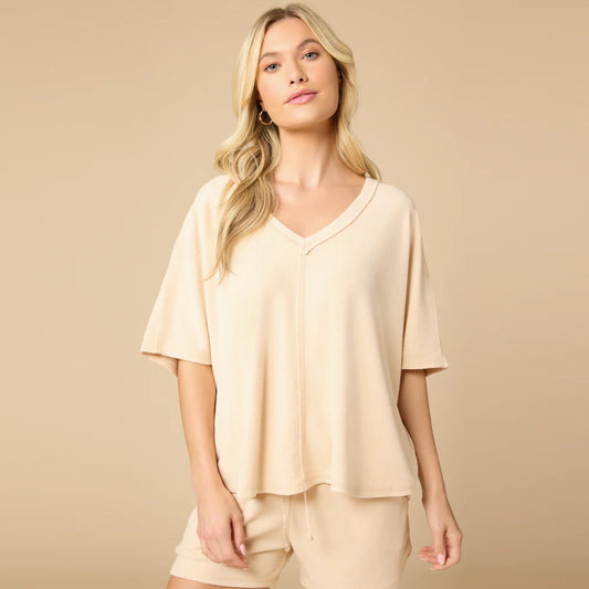 Softies Terry Relaxed V-neck Short Set in warm sand, front view on model