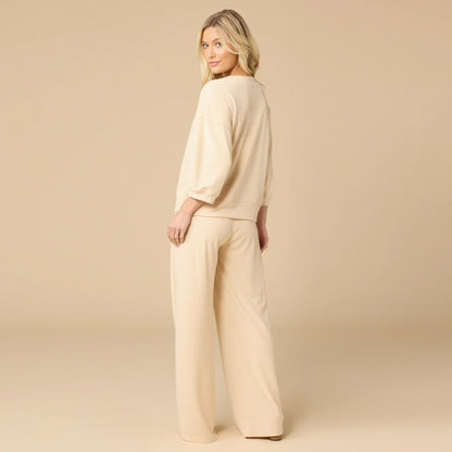 Softies Terry Cropped Sleeve Crew Neck with Wide Leg Pant Warm Sand