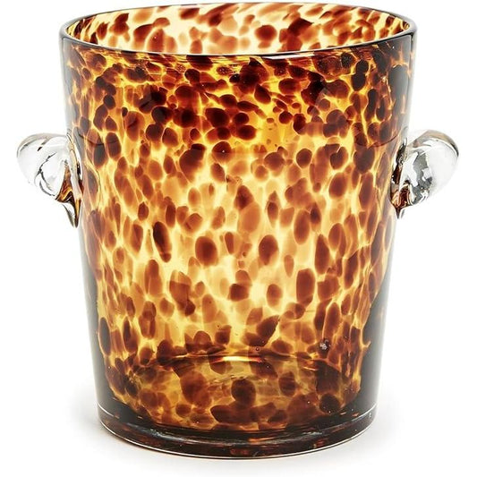 Two's Company Tortoise Ice Bucket with amber tortoiseshell pattern glass and silver-tone handles