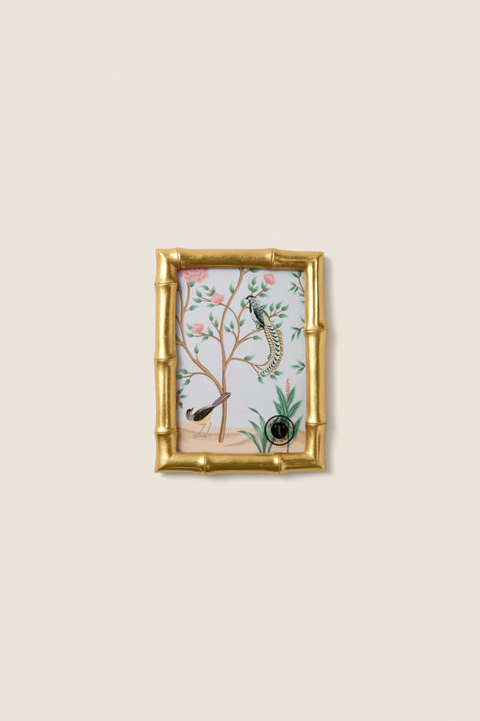 Two's Company Gold Faux Bamboo Photo Frame with botanical bird and flowering tree illustration, 4x6 opening