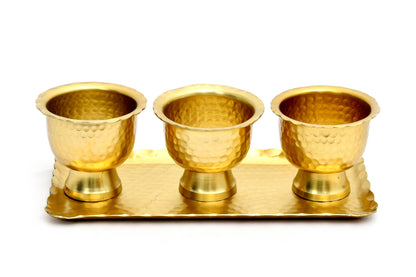 India Handicrafts Inc gold aluminum serving tray with three empty pedestal bowls, side angle