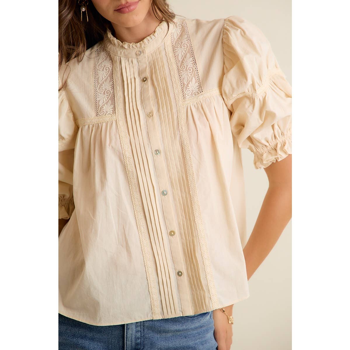 So Me - LACE PINTUCK BUTTON SHORT SLEEVES COTTON BLOUSE TOP