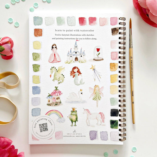 Emily Lex Studio Fairytale watercolor workbook spread showing color swatches, fairytale character illustrations, and painting instructions with