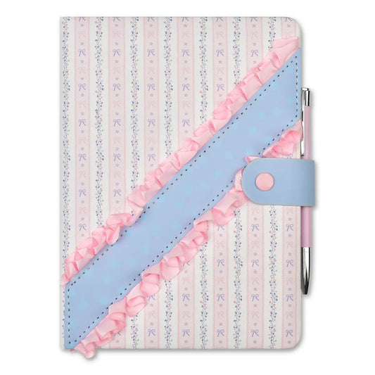 The Iscream Floral Stripes Journal by Iscream features pastel vertical stripes and delicate bow accents, with lined pages and a faux leather cover. It is decorated with a diagonal blue ribbon and pink ruffles, plus comes with a matching pen secured by a blue strap closure.