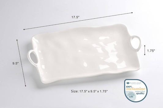 Pampa Bay large white melamine platter with handles, dimensions shown as 17.5" x 9.5" x 1.75