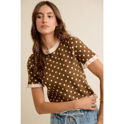 So Me - POLKA DOT RUFFLED SHORT SLEEVES SWEATER KNIT TOP