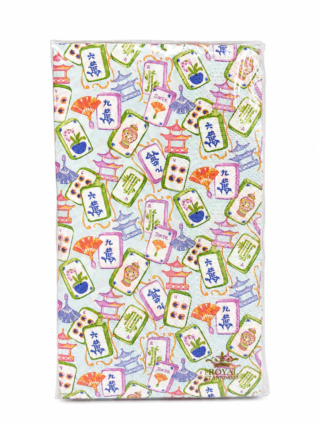 A rectangular package of The Royal Standard Mahjong Guest Towel Napkins, featuring a colorful design with mahjong tiles, flowers, and pagodas on a white background, wrapped in clear plastic.
